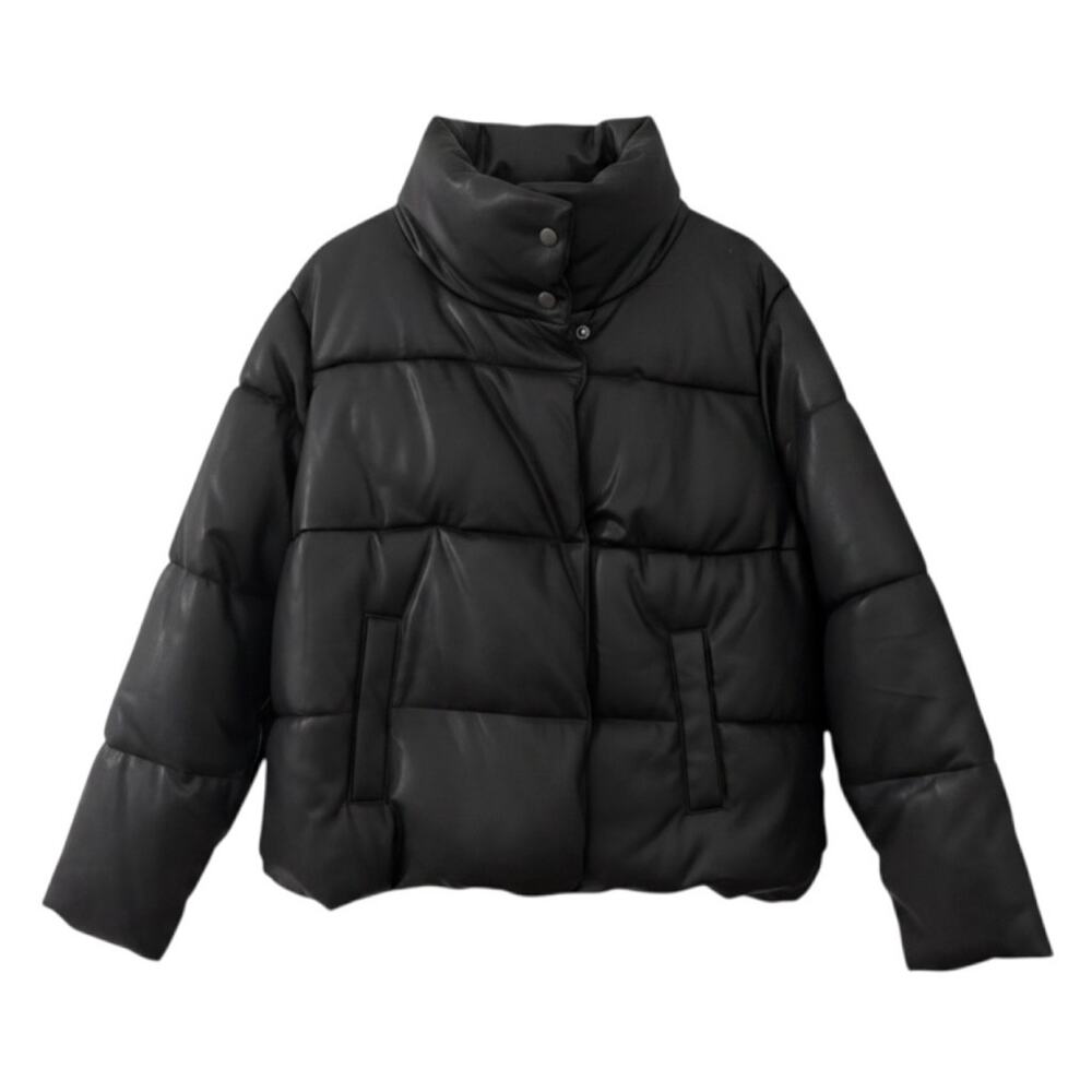 Stylus Women's Faux-Leather Heavyweight Puffer Jacket Black Quilted Size XL